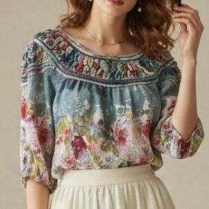 Sundance Silk Floral Print Blouse Round neck Size M Petite Lined Garden Romantic